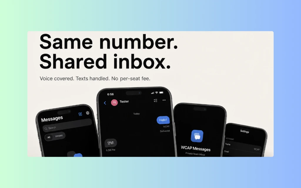 WCAP Messages system overview showing shared inbox, active messaging flow, Home Screen app installation, and settings.