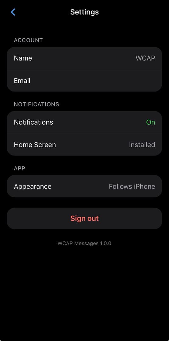 WCAP Messages settings showing notifications on and Home Screen installation complete, with the account email blank.