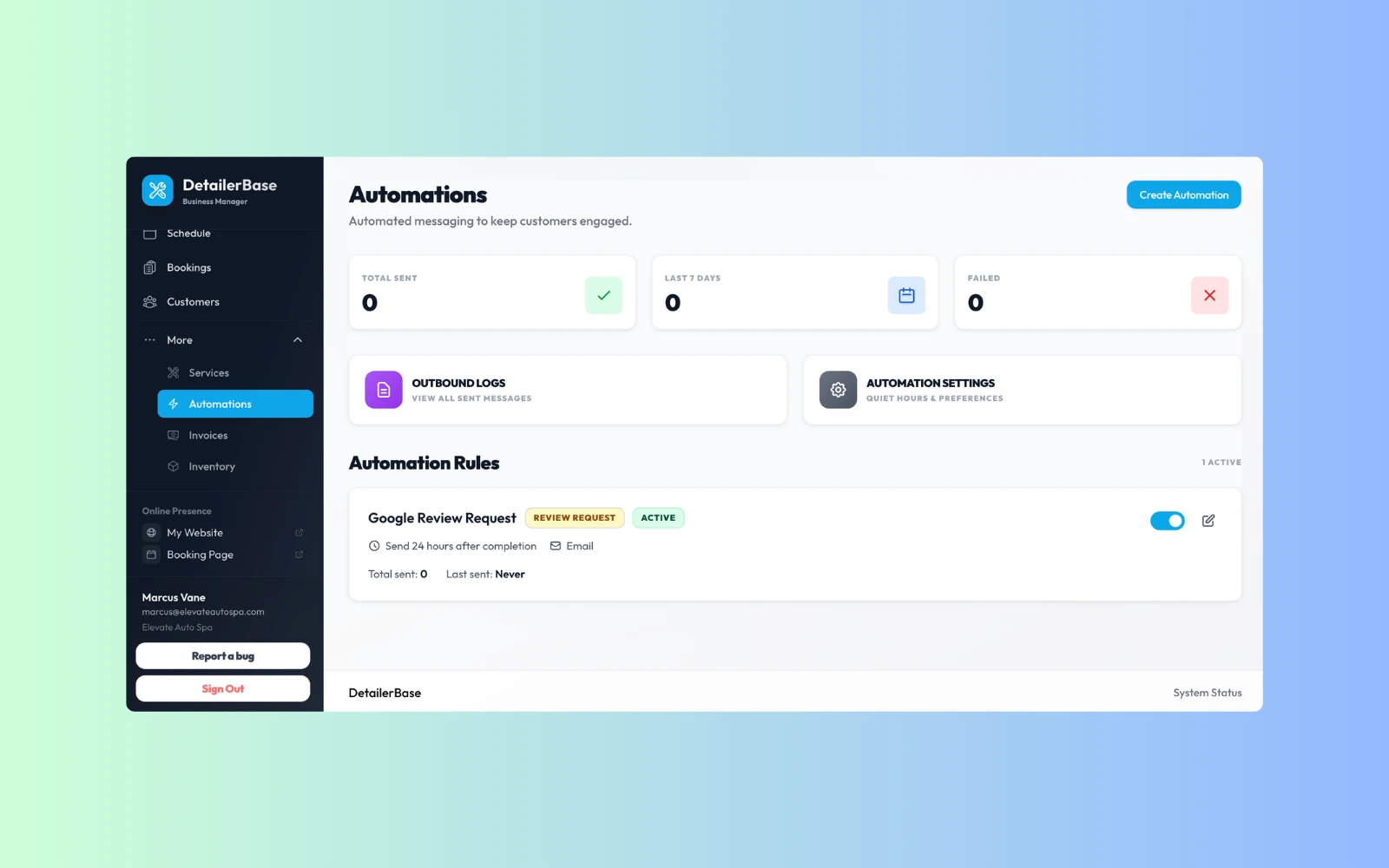 DetailerBase automations screen showing review request rules and outbound message log controls.