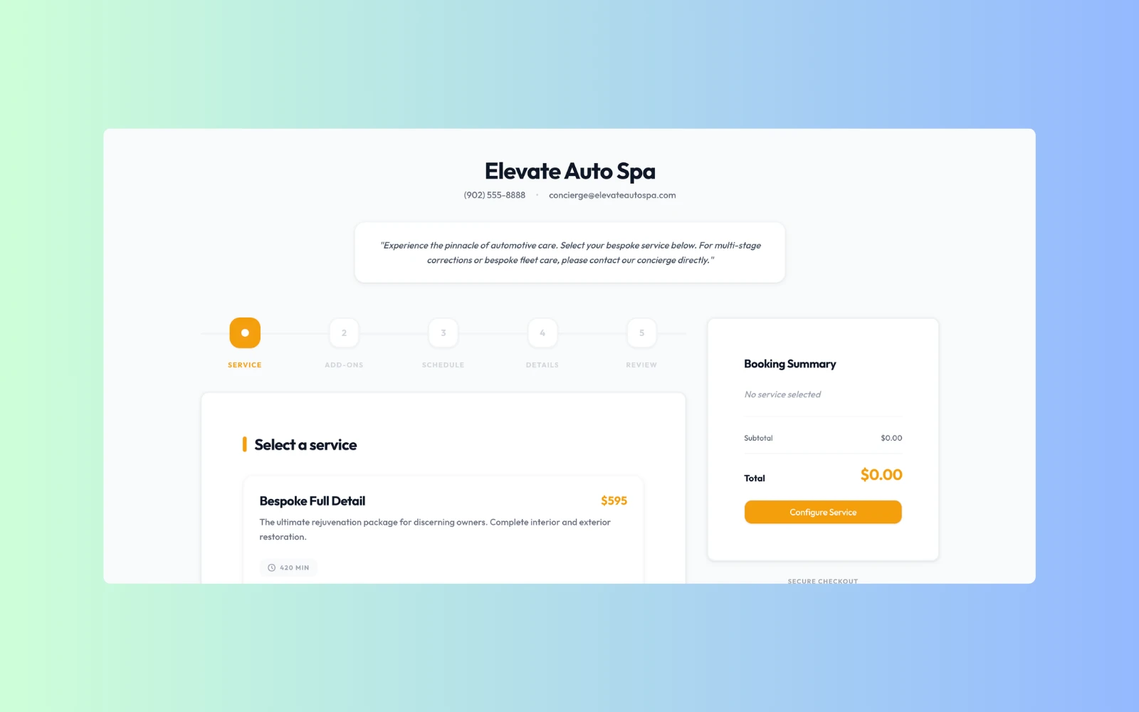 DetailerBase public booking website showing service selection, package options, and a booking summary panel.