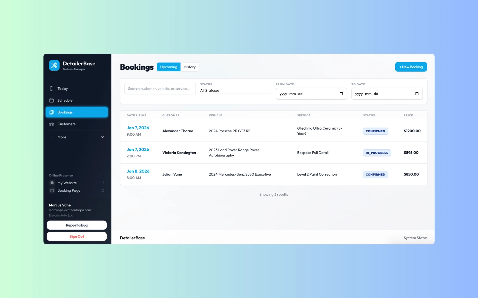 DetailerBase bookings management table showing customer, vehicle, service, status, and price columns.