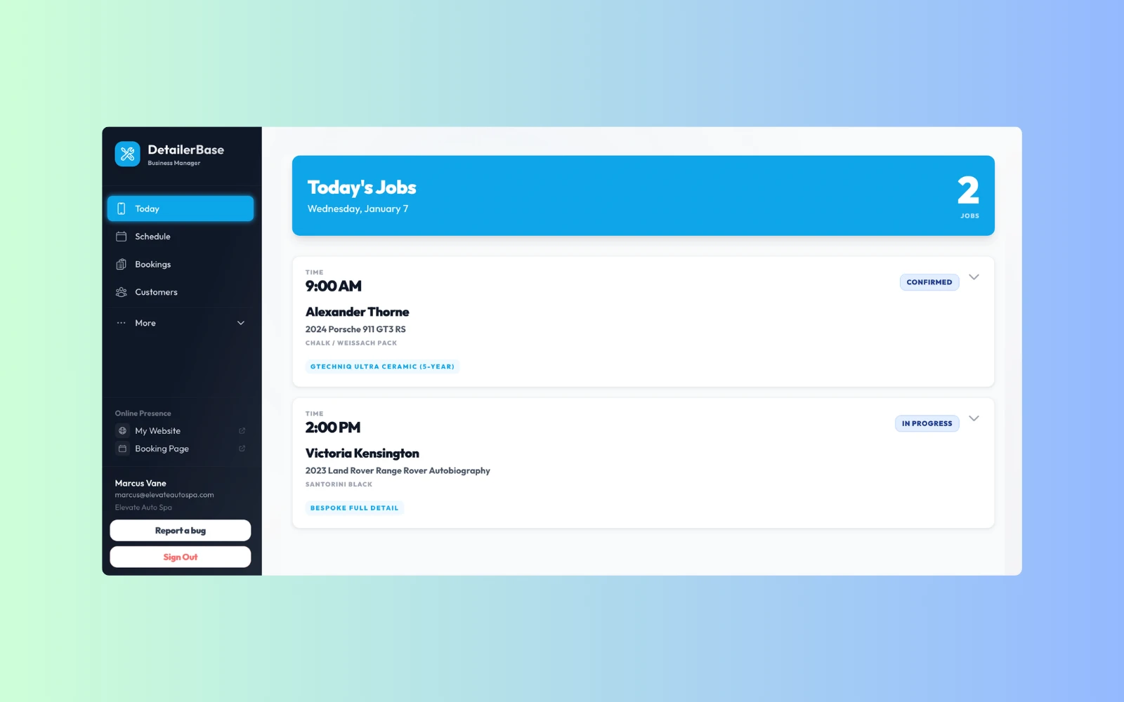 DetailerBase today's jobs screen listing scheduled detailing appointments with job status labels.