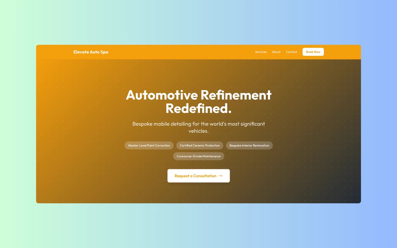 DetailerBase hosted website example with automotive refinement hero section and a prominent booking call to action.