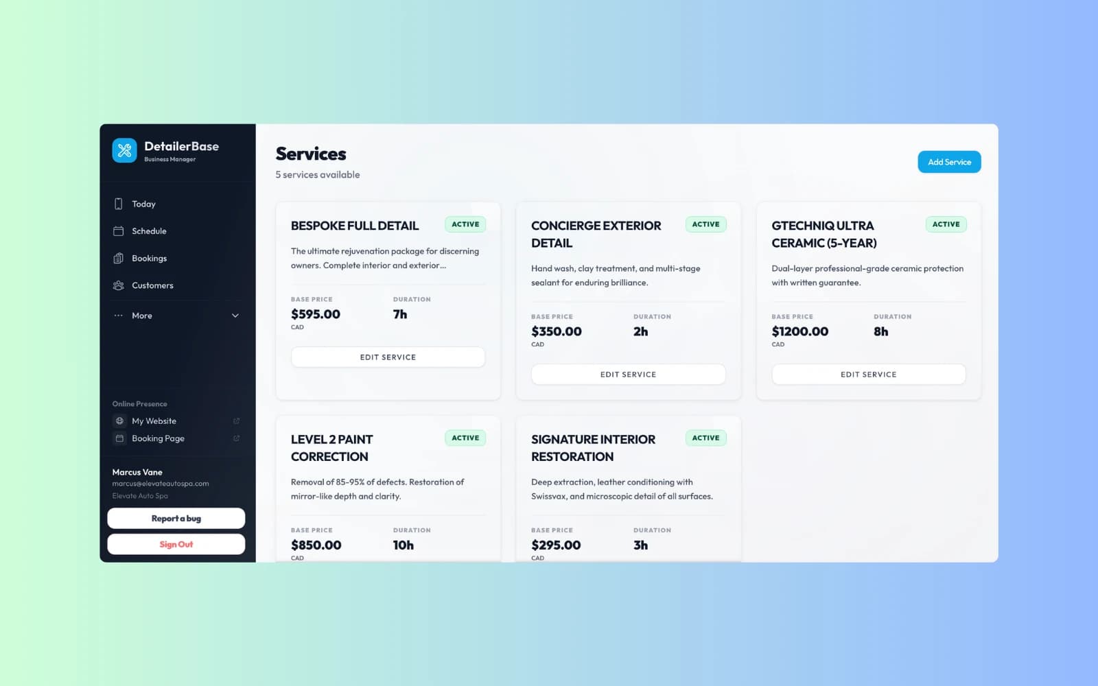 DetailerBase services configuration screen with service cards, prices, durations, and active status toggles.
