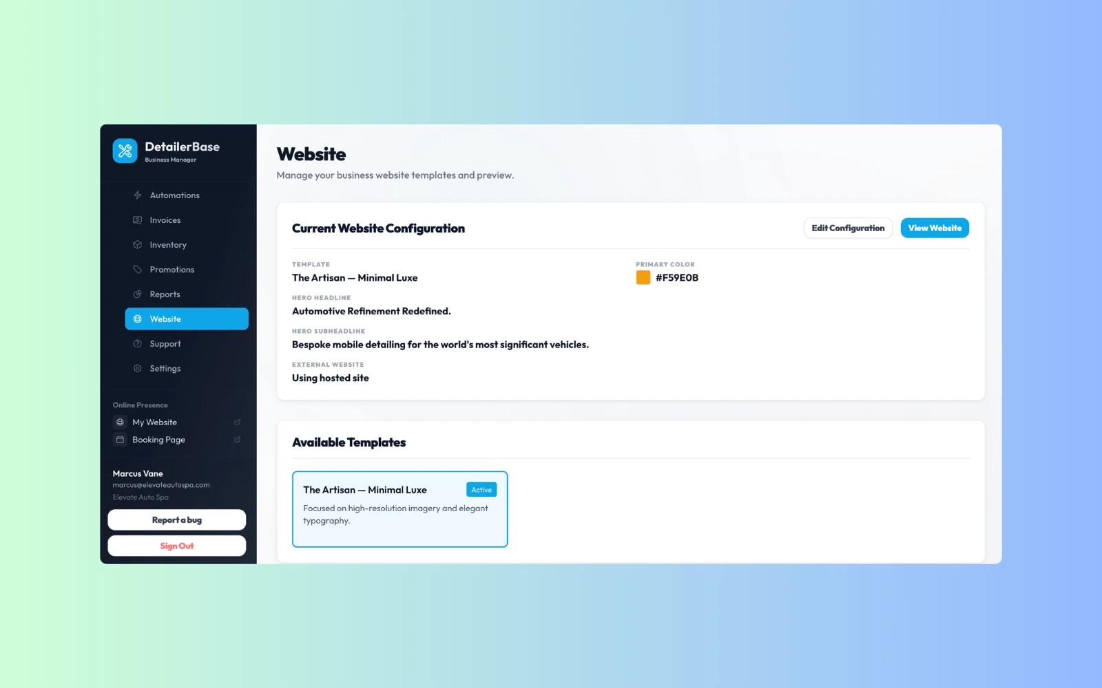 DetailerBase website configuration panel with template, headline, colour, and hosted-site controls.