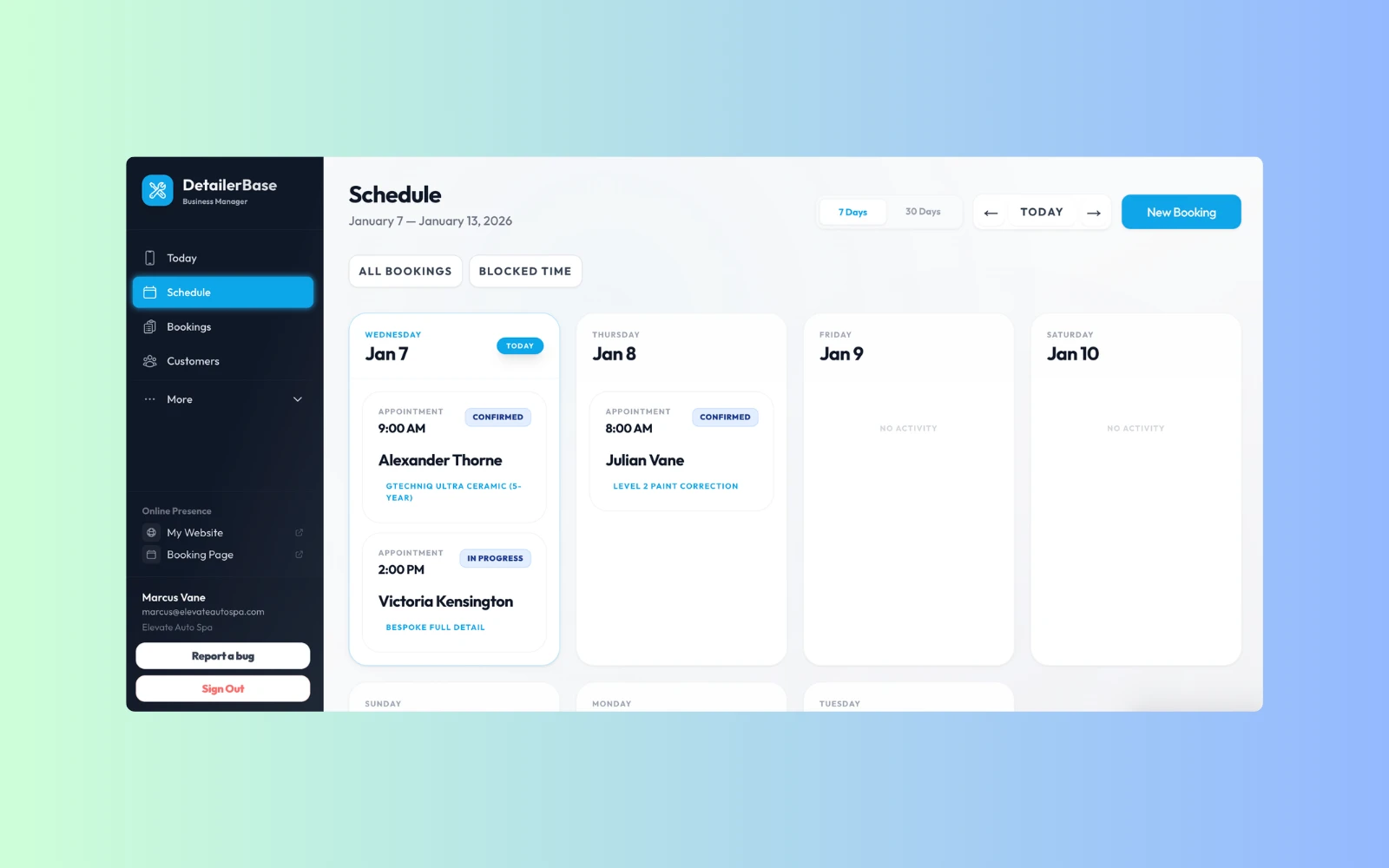 DetailerBase weekly schedule view with appointment cards and blocked-time controls for capacity management.