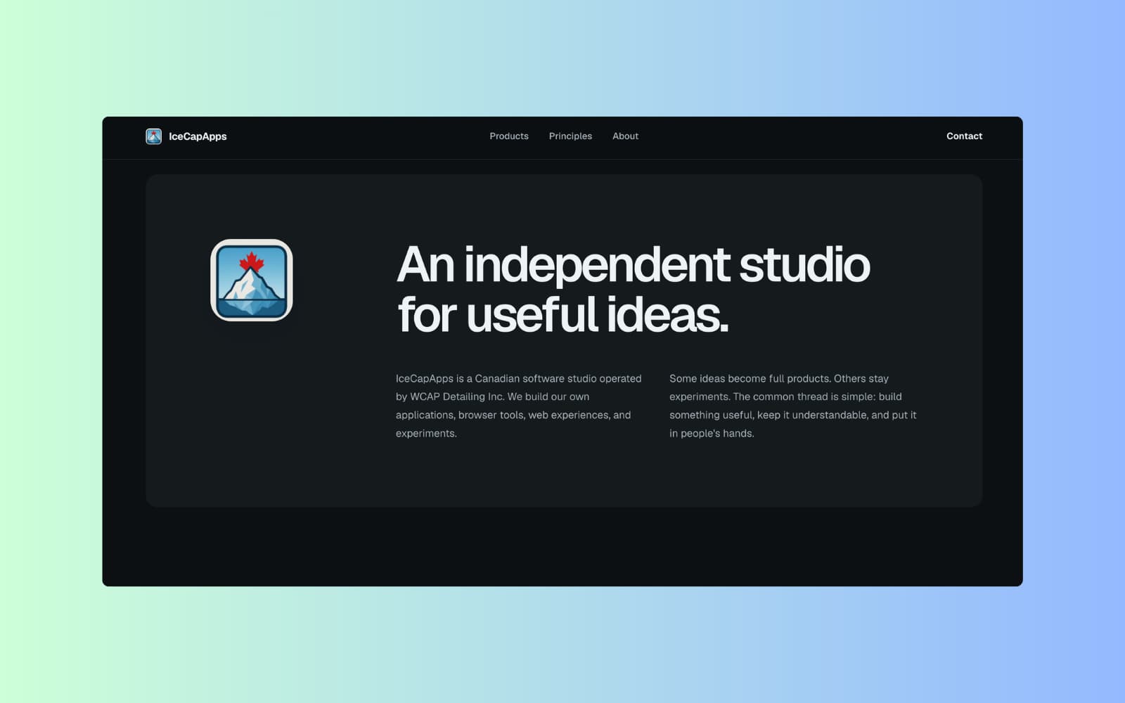 IceCap Apps about section explaining the product studio and its focus.