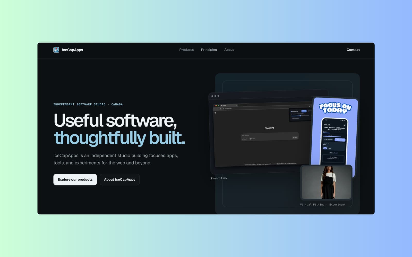 IceCap Apps homepage introducing its shipped, local-first product ecosystem.