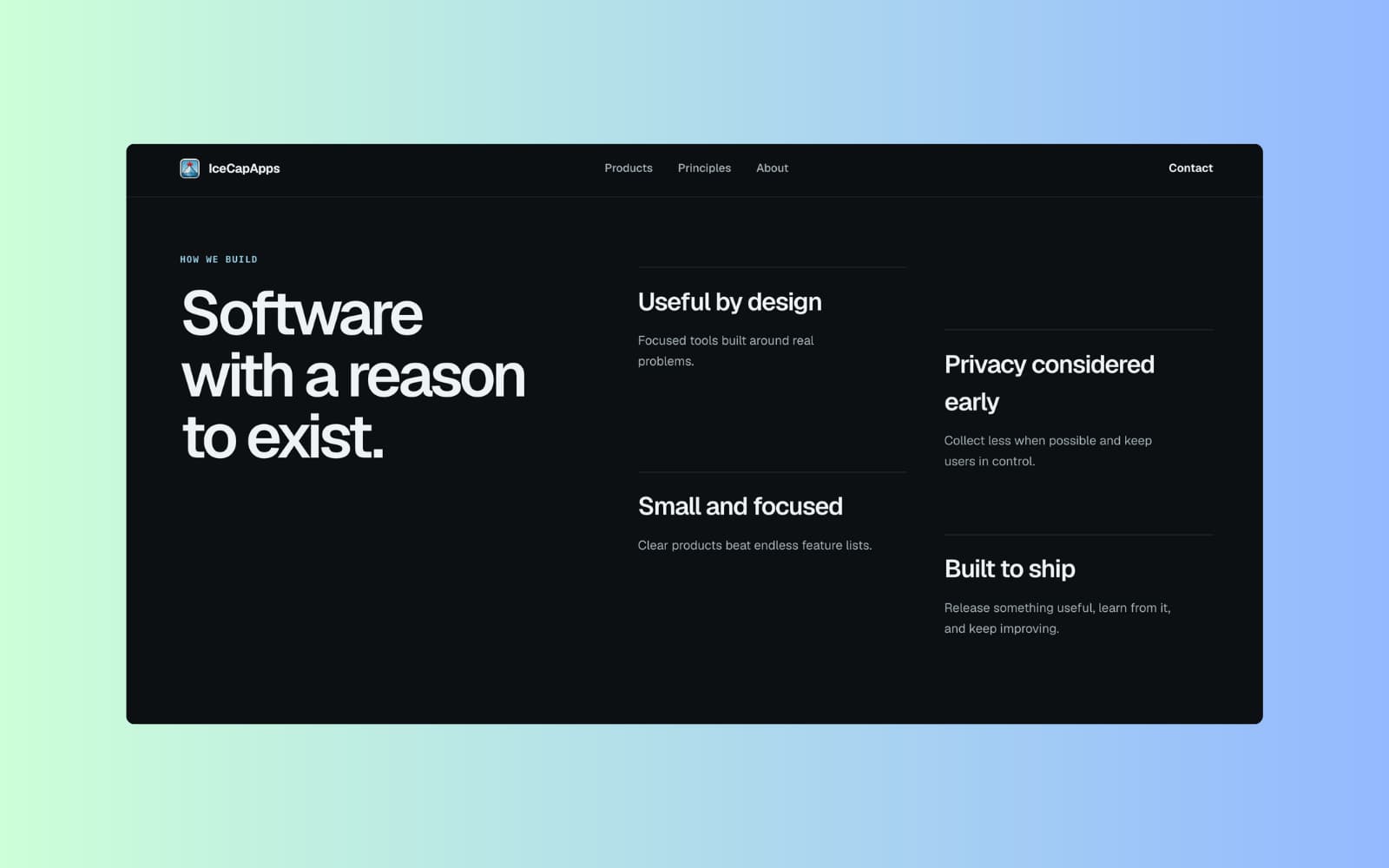 IceCap Apps how we build section explaining useful, focused, privacy-conscious product decisions.