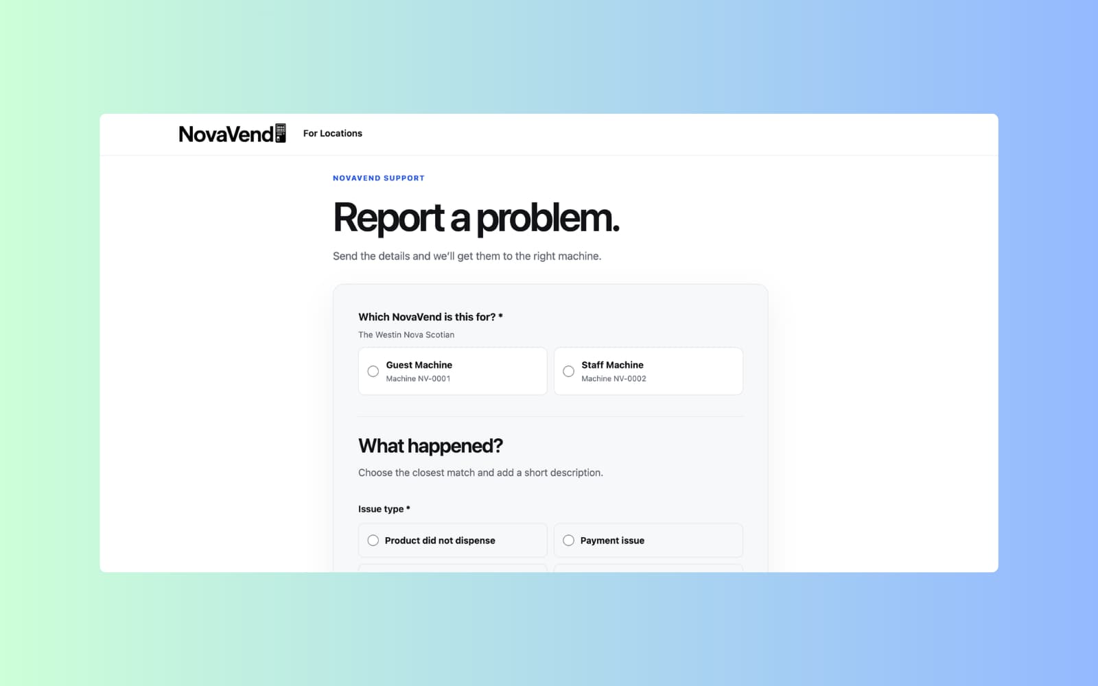NovaVend report a problem page with property and machine selection fields.