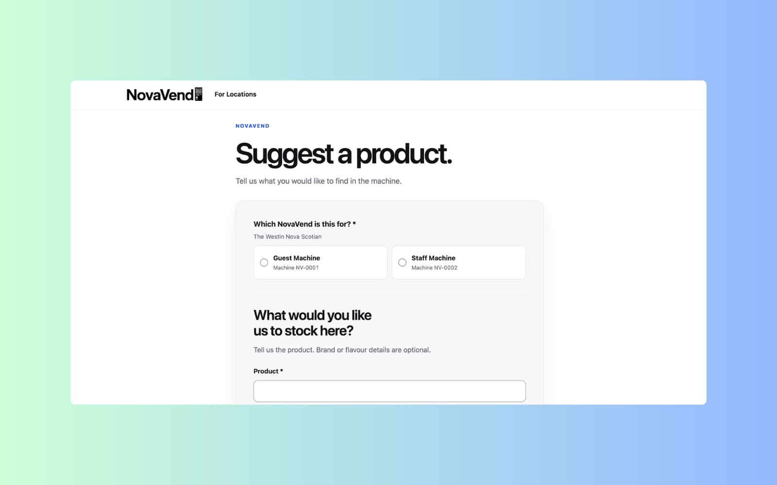 NovaVend product suggestion page with property and machine selection fields.