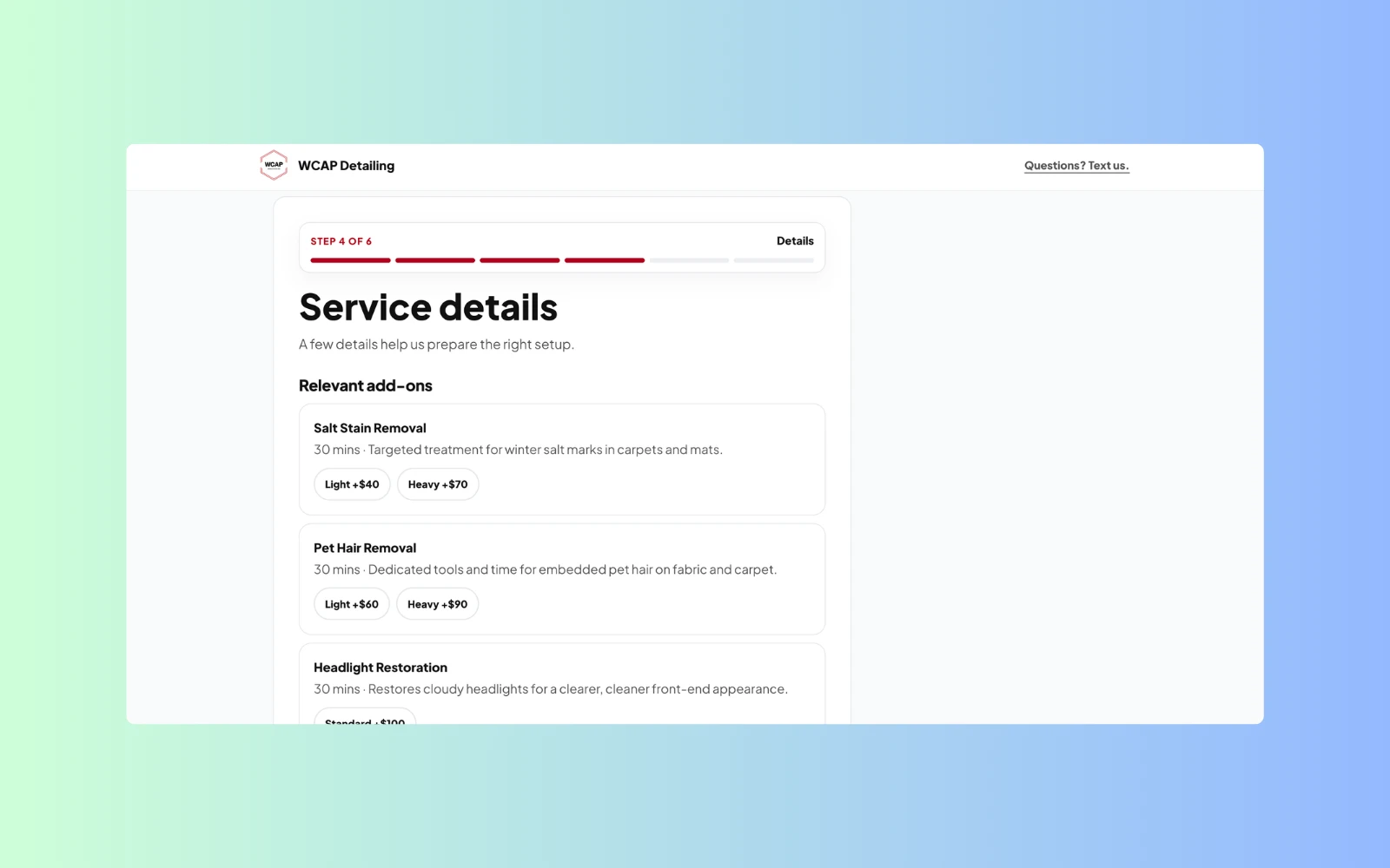 WCAP Detailing booking flow add-ons step presenting relevant service upgrades within the booking path.
