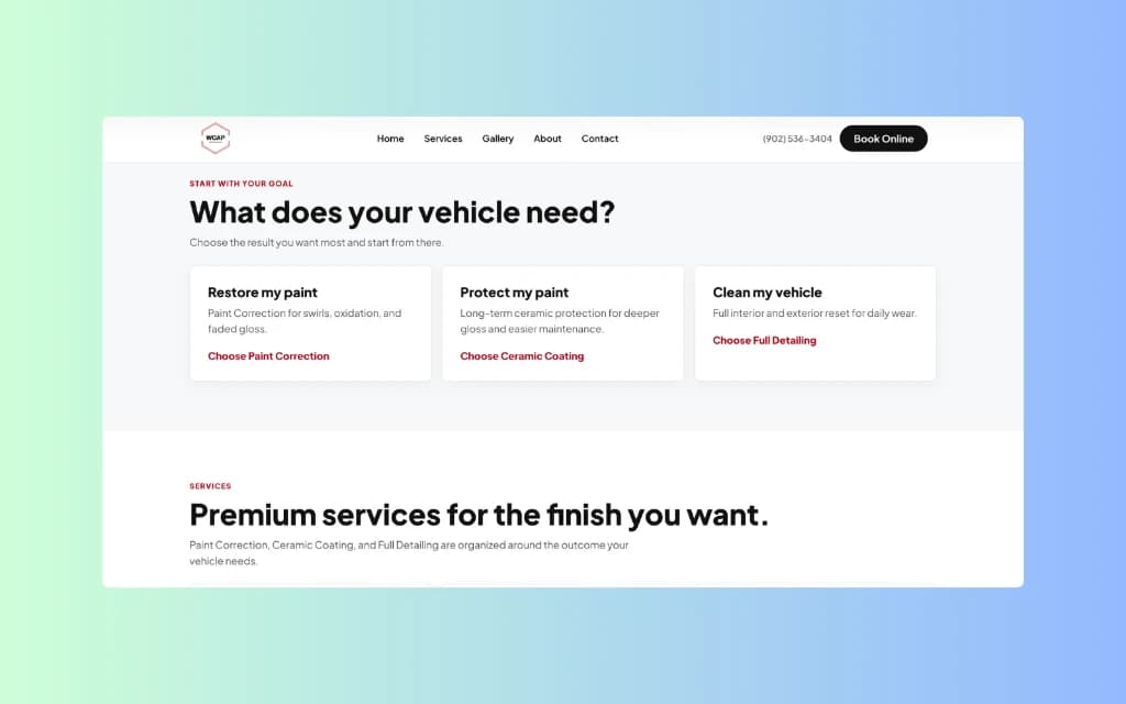 WCAP Detailing service overview section with goal-based service cards for paint, protection, and cleaning.