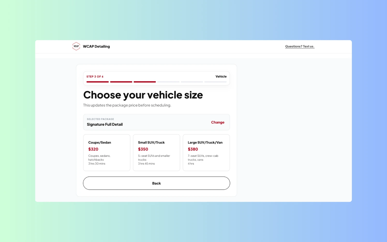 WCAP Detailing booking flow vehicle size step with package selection and vehicle-based pricing displayed.